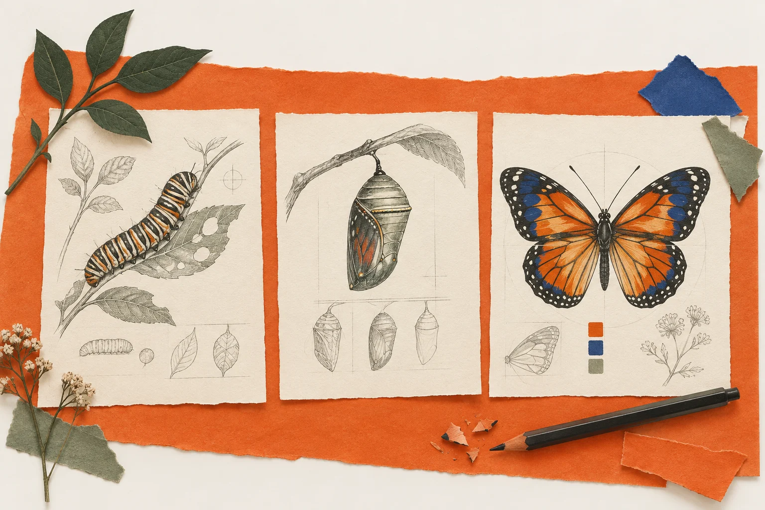 Butterfly lifecycle illustration developed across storyboard frames
